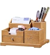 GroveMindoo Bamboo Desk Organizer with Drawer, Pen Holder &amp; Business Card Slot, Multi-Compartment...