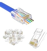 Ethernet cable connectors: blue-jacketed RJ45 plug with visible wire arrangement, stack of clear plastic RJ45 plugs, and single clear RJ45 plug showing gold contact pins.