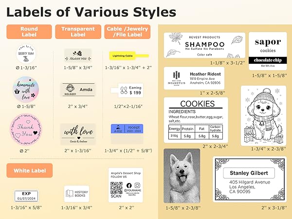 Labels of various styles including white, round, transparent, cable, jewelry and file labels
