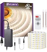 HitLights White LED Strip Lights Kit with Remote &amp; 12V Power Supply, 16.4ft High Density Dimmable...