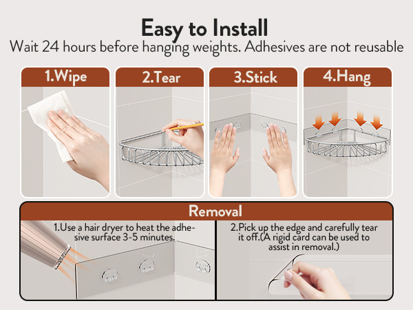 Text reads 'Easy to Install' with 4-step installation guide: '1.Wipe 2.Tear 3.Stick 4.Hang' and removal instructions showing adhesive strip application process.