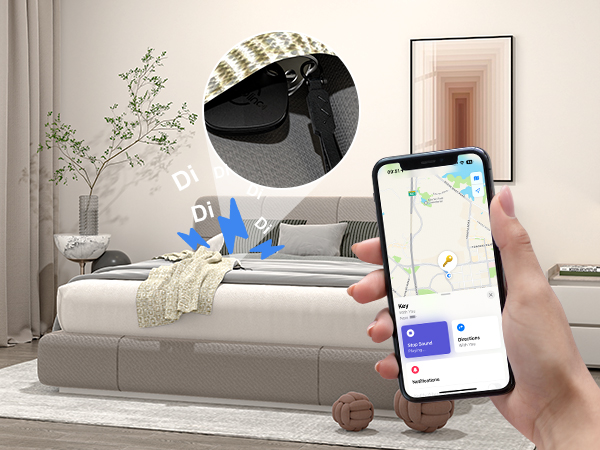 Living room scene with sofa, smartphone displaying map app, and floating icons representing smart home features. Demonstrates control of home devices via mobile application.