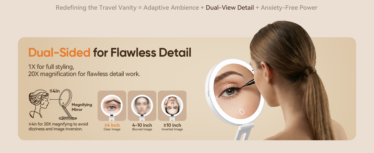 Dual sided mirror with 20X magnification for precise eyeliner and eyebrow grooming close up