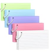 250 Count Colored Index Cards 3x5 Inch with Key Ring, 180gsm Heavy Weight Flash Cards 5 Color (50...