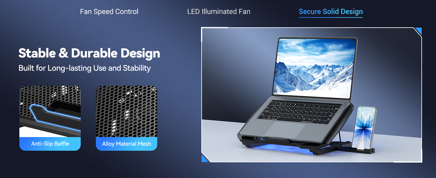 Text reads 'Stable &amp; Durable Design' and 'Built for long-lasting use and durability'. Laptop computer displayed on cooling pad with multiple device connections. Technical product showcasing heat dissipation and structural stability.