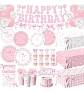 Pink Bow Birthday Decorations Serve 24, Coquette Birthday Decorations Tableware Sets Include Plat...