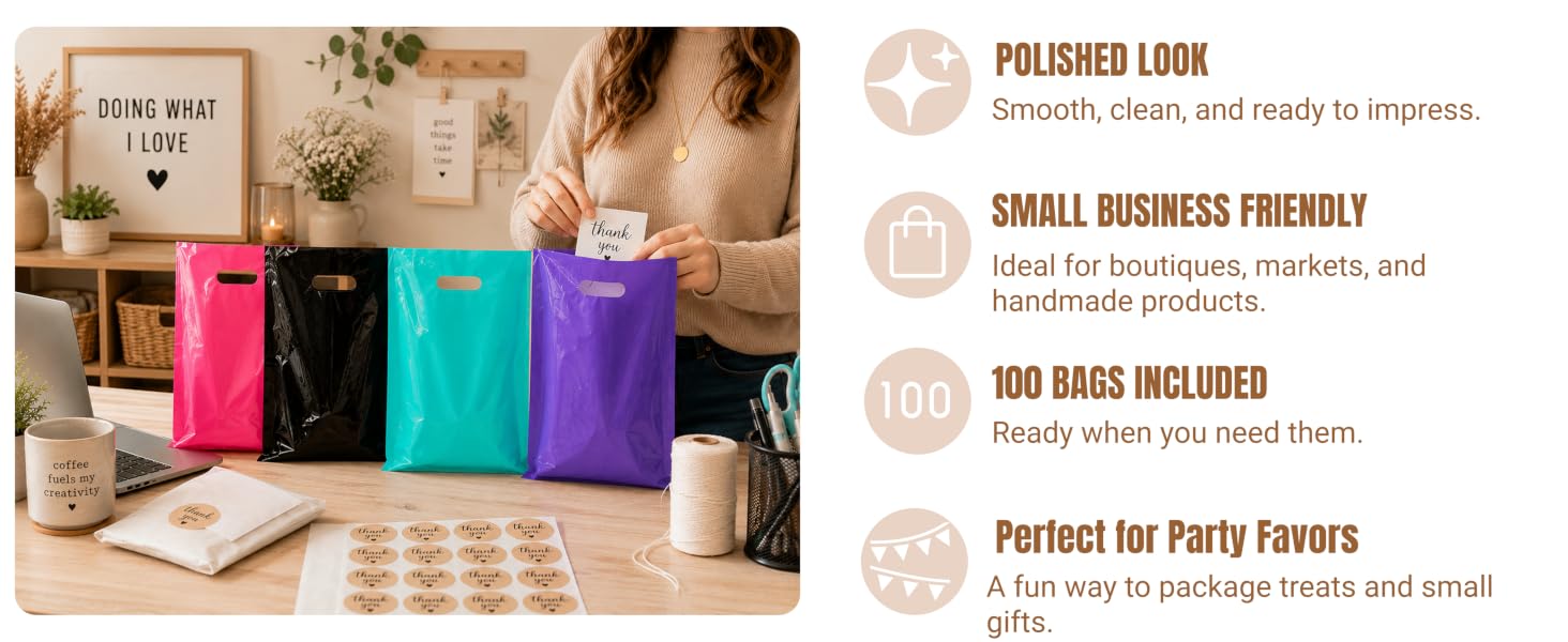 Glossy merchandise bags with a polished look and 100-count value pack.