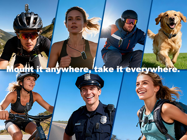Text reads 'Mobile it anywhere, take it everywhere.' Series of lifestyle images showing people being active outdoors, including cycling and hiking scenes with blue sky backgrounds.