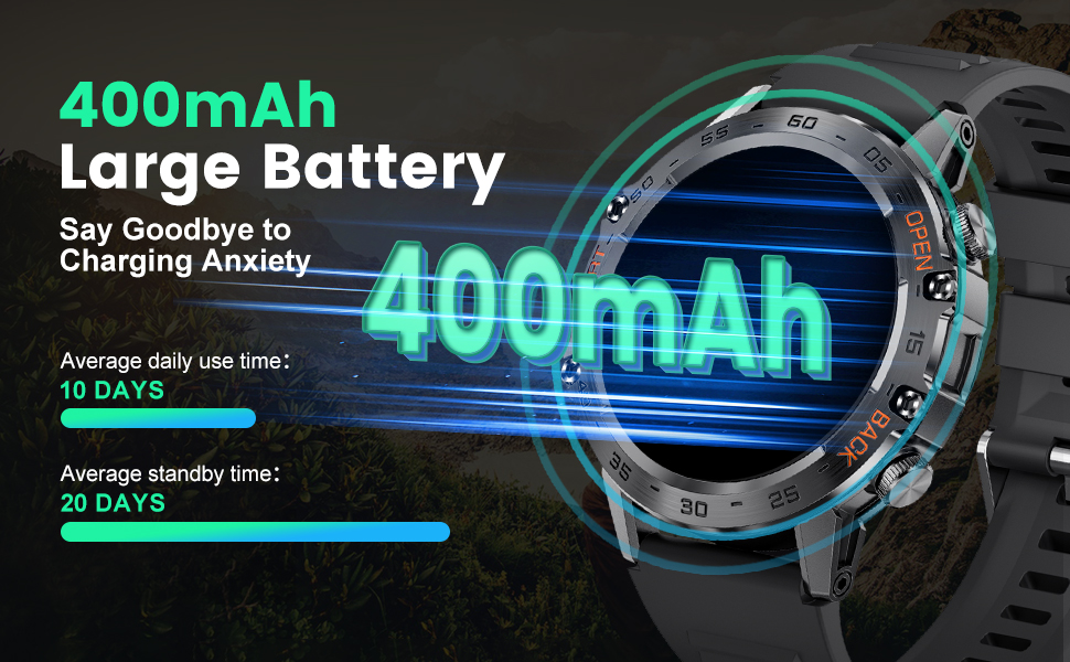 Digital smartwatch display highlighting 400mAh battery capacity feature with blue neon graphics and battery life indicators showing extended usage time.