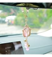 YGMONER Tulip Car Mirror Hanging Ornaments Pink Cat's Eye Stone Flower Charm - 9 Inch Elegant for...