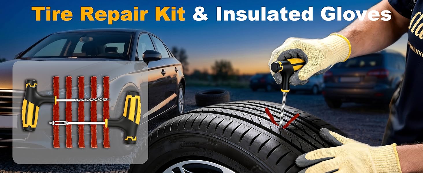 tire repair kit for tubeless tire repair, 400V insulated gloves for safely handling electrical tasks