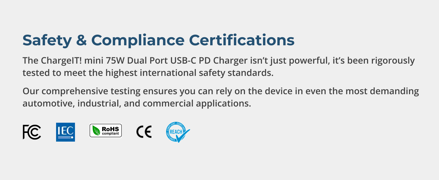 Certified USB power supply compliant with FCC, CE, RoHS and IEC safety standards