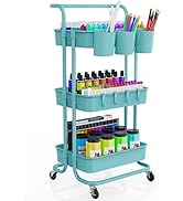 3-Tier Rolling Mobile Utility Cart with Hanging Cups &amp; Hooks &amp; Handle Multifunctional Organizer S...