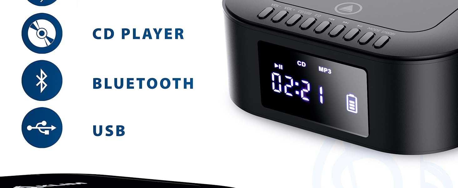 Boombox E1 with CD case - CD Player Portable Audio System + Extra BASS with Subwoofer + FM Radio