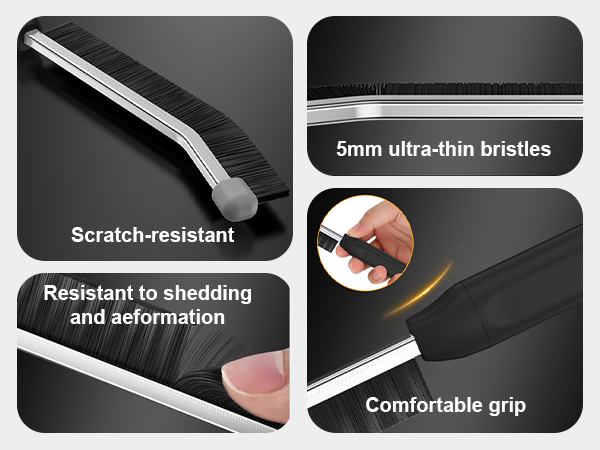 Text reads '5mm ultra-thin bristles', 'Scratch-resistant', 'Resistant to shedding', 'Comfortable grip'. Product features shown in close-up black surface details.