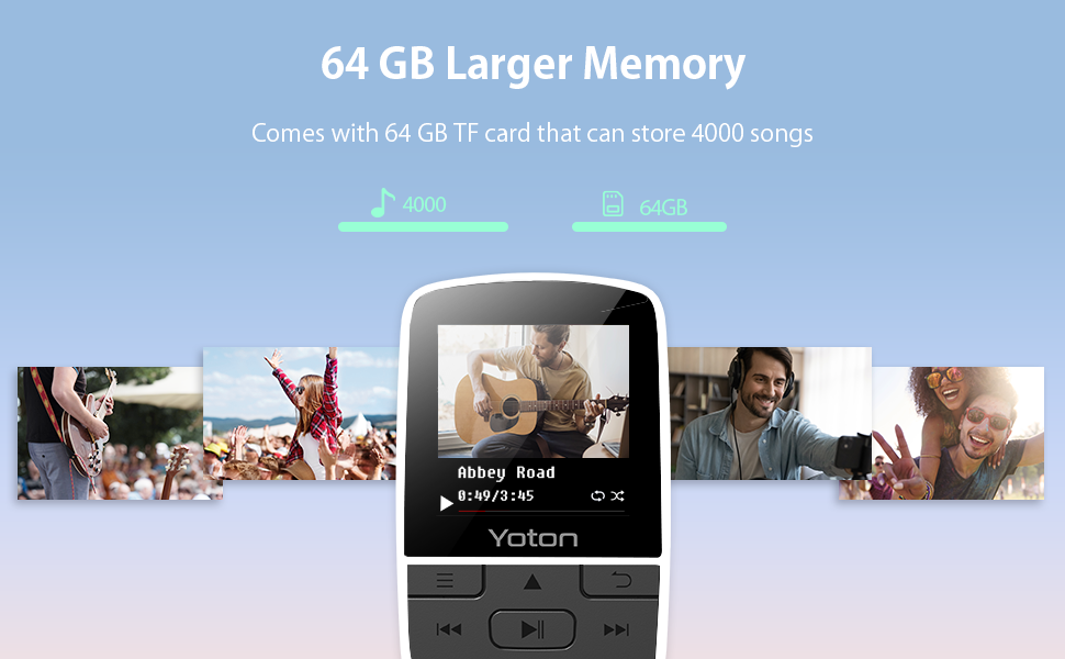 Portable media player display showing '64 GB Larger Memory' text with photo thumbnails arranged horizontally below.