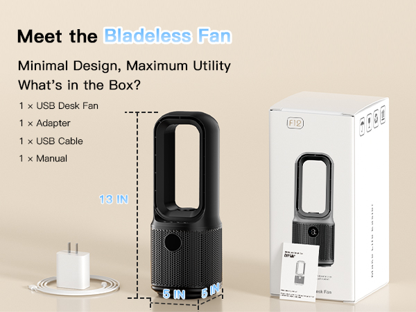 Unboxing: 13x5x5 inch bladeless fan, adapter, USB cable, manual – simple design everything you need.