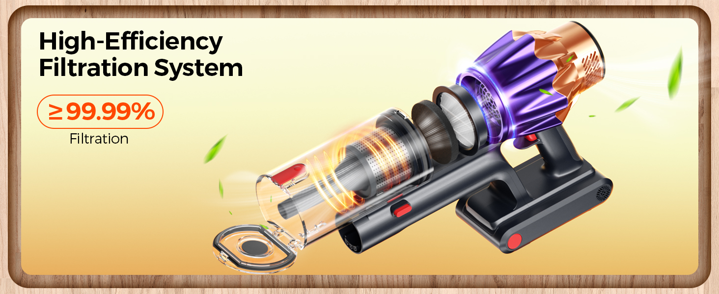 High-efficiency HEPA filtration captures 99.99% dust and allergens with washable filter