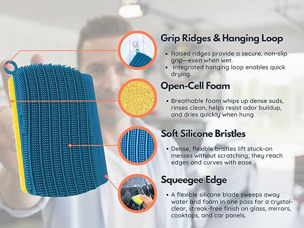 Silicone scrubber with bristles foam squeegee and hanging loop design