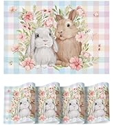 Artoid Mode Buffalo Plaid Rabbits Flowers Vinyl Easter Placemats Set of 4, 12x18 Inch Wipeable No...