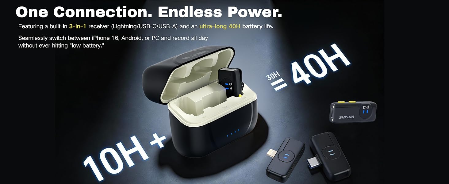 3-in-1 mic with Lightning USB-C USB-A for Samsung PC, 40H battery life wireless mic case