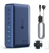 8-Port USB C Fast Charger Block 200W with Flat Plug, Braided Power Cord, and On/Off Switch- USB C...