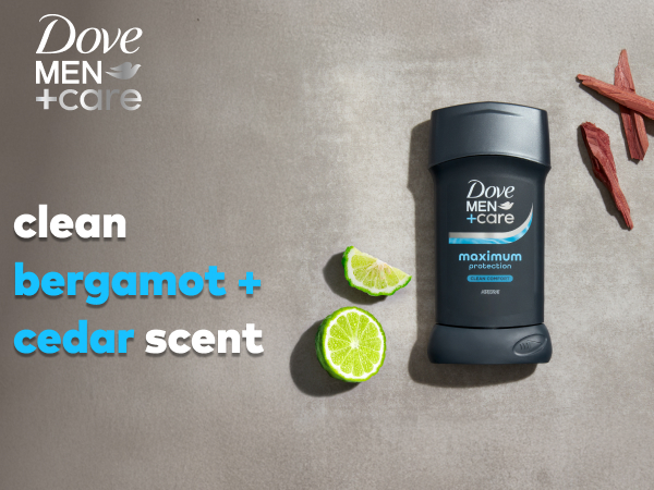 Dove Men+Care logo above text next to deo stick &amp;amp; visual scent representations of bergamot &amp;amp; cedar.