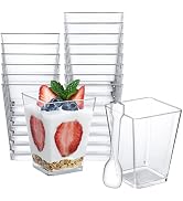 SHOPDAY 5oz Plastic Dessert Cups 100 Pack Small Clear Square Parfait Cups with Spoons, Mini Plast...