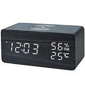 Everwood Wooden Digital Alarm Clock with Wireless Charger, Temperature, Humidity Led Display for ...