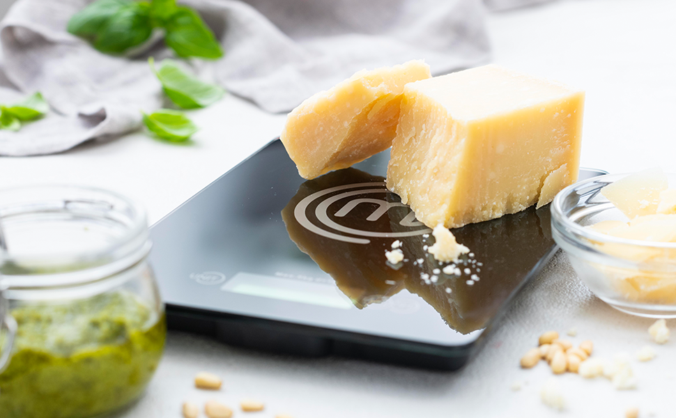 Digital Kitchen Scale weighing cheese for homemade pesto