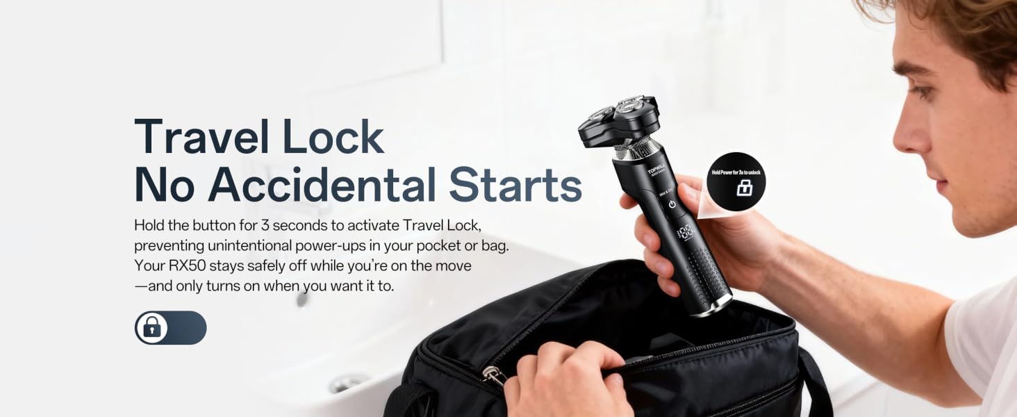 Press and hold for 3 seconds to lock the shaver, preventing accidental power-on