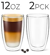 DLux Coffee Mugs, 12oz Latte Clear Glass Set of 2 Cups, Double Wall Insulated Borosilicate Glassw...