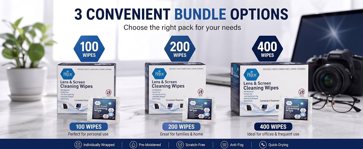 Lens and Screen Cleaning Wipes for Eyeglasses, Touch Screens, Cameras, Anti-Fog,