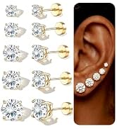 5 Pairs Flat Back Stud Earrings for Women, 14K Gold Plated Hypoallergenic Surgical Steel Stack Ca...
