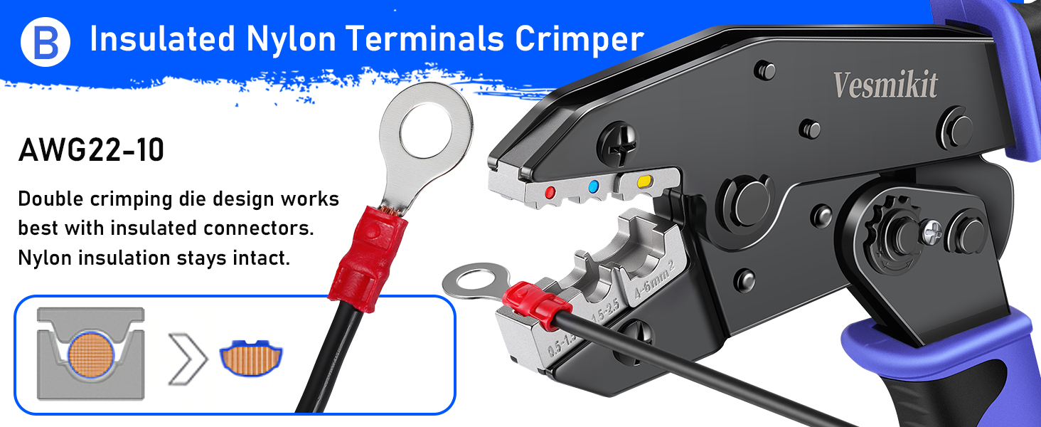 wire crimper tool for insulated nylon terminals