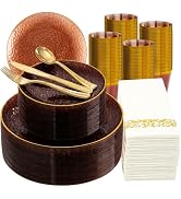 DaYammi 350PCS Clear Amber Plastic Dinnerware Set, Plastic Plates Disposable Hammered Disposable ...