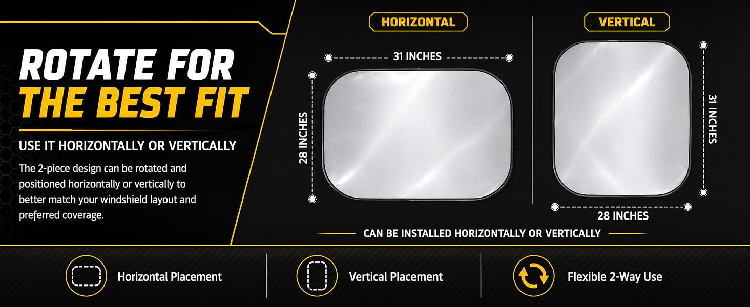 Two-piece windshield sunshade shown horizontally and vertically for flexible fit.