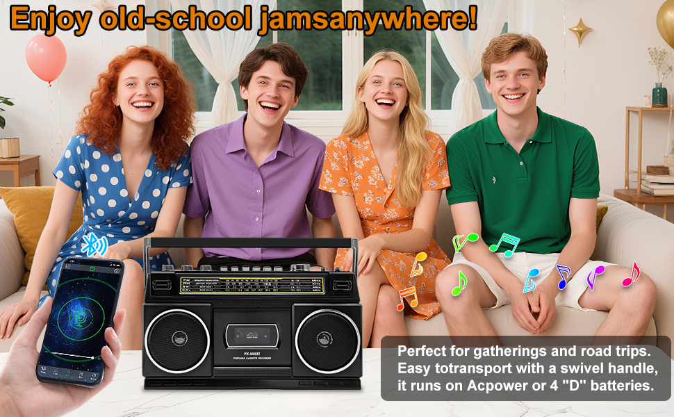 Vintage-style black boombox with built-in speakers and cassette deck, featuring swivel handle. Product shows controls, display panel, and promotional text about portable music playback.