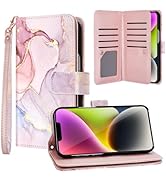 Fingic iPhone 14 Case, iPhone 13 Case, Rose Gold Marble 9 Card Holder PU Leather Detachable Wrist...