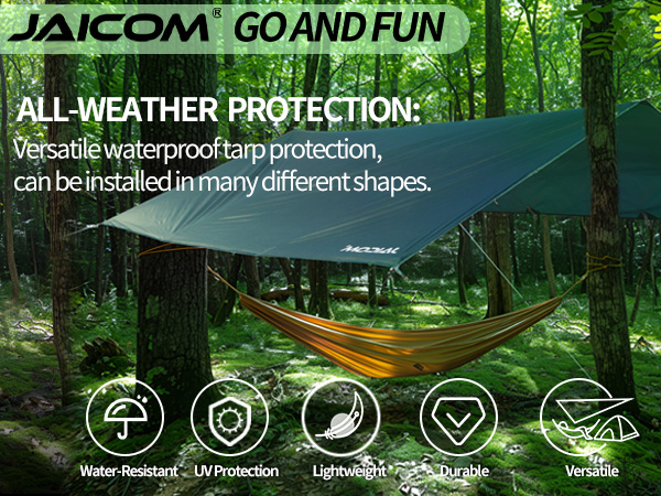 Waterproof tarp shelter in forest setting. Icons indicate water-resistance, UV protection, lightweight, portability, and versatility features.