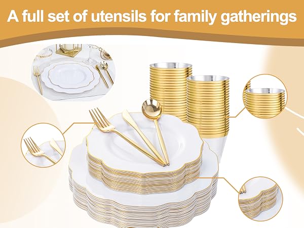 White and Gold Plastic Dinnerware Set