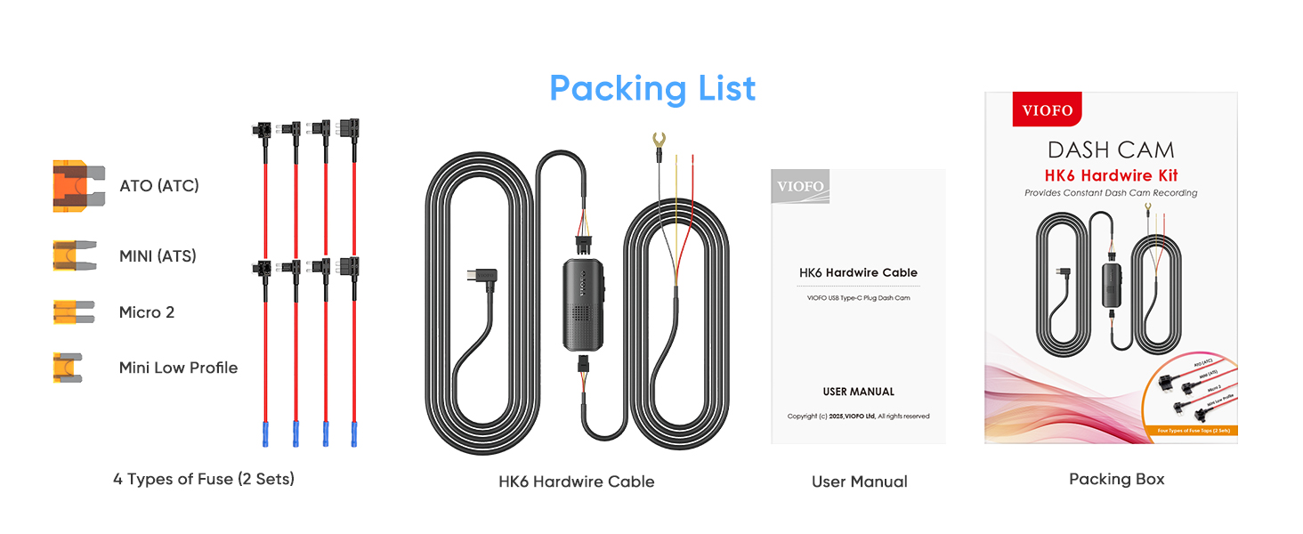 HK6 hardwire kit packing list: cable, user manual, and packaging box with product details.