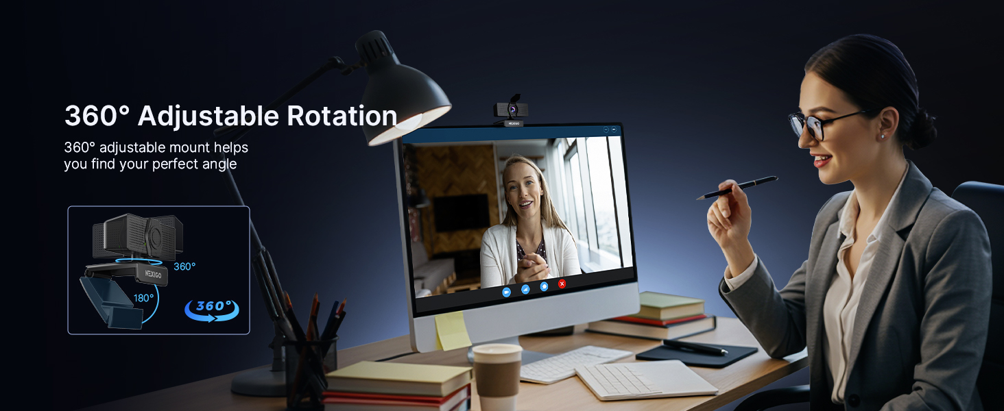 A woman is video chatting using an adjustable webcam.