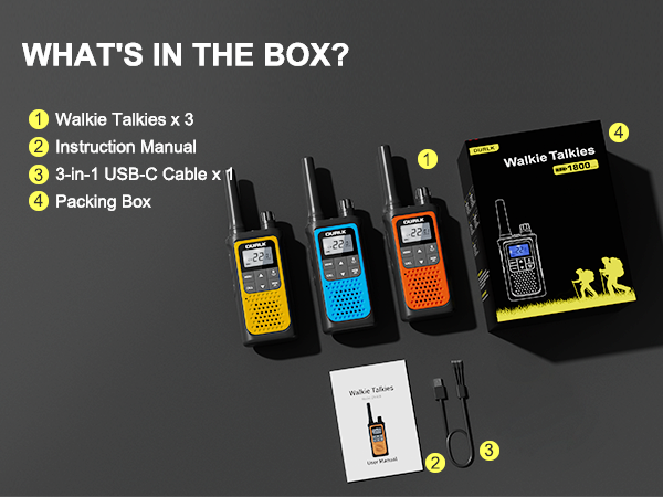 The package includes 3 rechargeable walkie talkies charging cables instructions and box