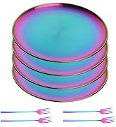 JYJFGSFA Rainbow Stainless Steel Dinner Plates Set with Fork, Set of 8, Colorful Metal Dessert Sa...