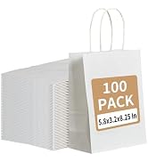 RACETOP 100 Pack Small Gift Bags 5.8x3.2x8.25 Inch White Kraft Paper Bags with Handles Bulk, Reta...