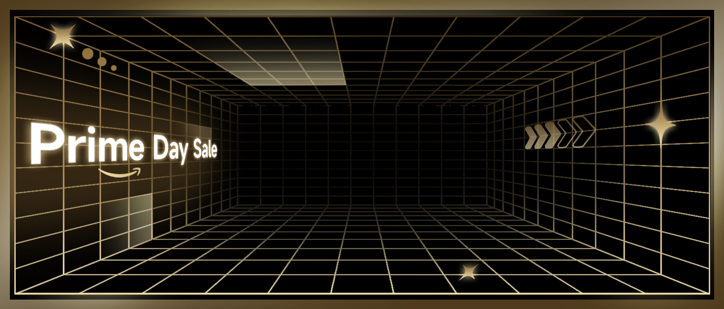 Text reads 'Prime Day'. Banner design featuring geometric gold grid pattern on black background with glowing accents and arrow elements.