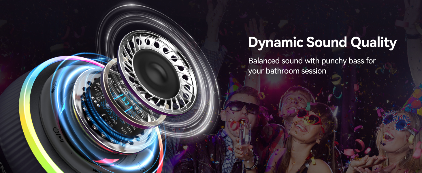 Text reads 'Dynamic Sound Quality' with subtitle 'Balanced sound with punchy bass for your bathroom session'. Abstract spiral design with blue and yellow illuminated elements.