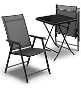 MoNiBloom 3 Piece Patio Bistro Dining Furniture Set, 2 Foldable Chairs and Round Table w/Tempered...