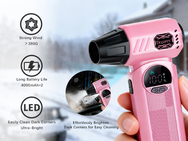 Pink air duster with LED light cleaning dark corners using strong airflow and cordless power